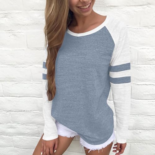 Women's Color Block Striped Long Sleeve Crewneck T-Shirt Relaxed Fit Breathable Tees Teen Girls 2025 Fashion Pullover2
