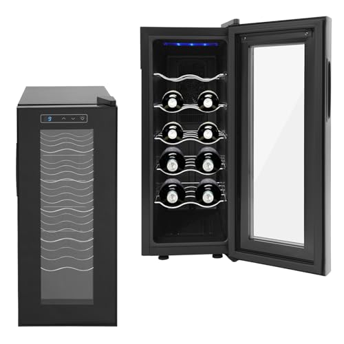 SUONTY Nevera para vino (12 botellas, 33 litros, iluminación LED, enfriador de vino, minibar, con puerta de cristal)