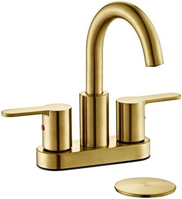 TimeArrow Brushed Gold 2 Handle Centerset Bathroom Sink Faucet with Drain Assembly, High Arc Modern 4 Inch Bathroom Vanity Lavatory Faucet 3 Holes with Brass 360° Swivel Spout, TAF067E-PB