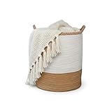 Cesto Ropa Sucia Grande (57L) de Cuerda de Algodón - Cesta Bebé Infantil para Juguetes y Almacenaje - Canasta Trenzada Estilo Nórdico para Habitación, 38x50 cm (Blanco y Camel).