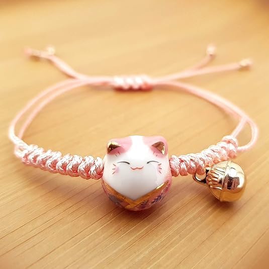 Pink Lucky Cat Maneki Neko Bacelet Adjustable Ceramic Bead Girls Clothing, Shoes and Jewelry