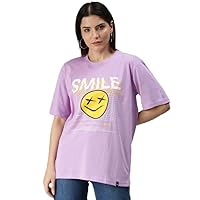 Veirdo® Pure Cotton Oversized Loose Baggy Fit Drop Shoulder Round Neck Lilac Color Half Sleeve Cool Smiley Graphic Printed Unisex T-Shirt for Men & Women