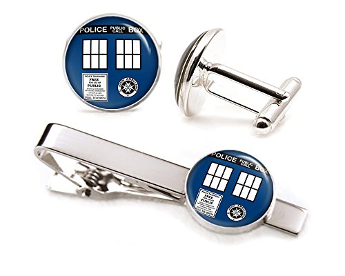 SharedImagination Doctor Who Tie Clip, Tardis Cufflinks, Dr Who Tardis Jewelry Cuff Links Tack, Time Lord, Gallifrey Doctor Who Wedding Party