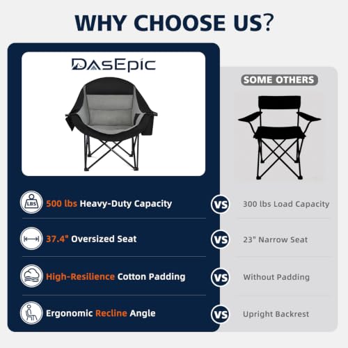 DasEpic Oversized Camping Chair - Heavy Duty Padded Lawn Chair for Adults | XL Outdoor Folding Large Camp Comfy Chair Support 500LBS, Cooler Bag, Cup Holder, Portable for Outside Fishing Beach, Black - image 7