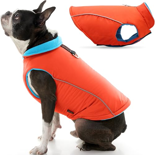 Image of Gooby Sports Vest Dog Jacket, Orange, Medium | Fleece-lined, water-resistant outer; 3-point hook-and-loop fit; Reflective lining; Leash attachment