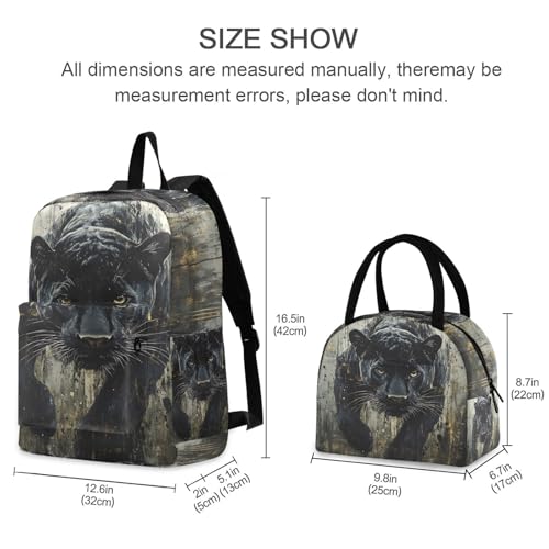 Backpack Lunch Bag Set Leopard Black Print, Big Storage Travel Backpacks with Insulated Lunch Box for Office Hiking Picnic2
