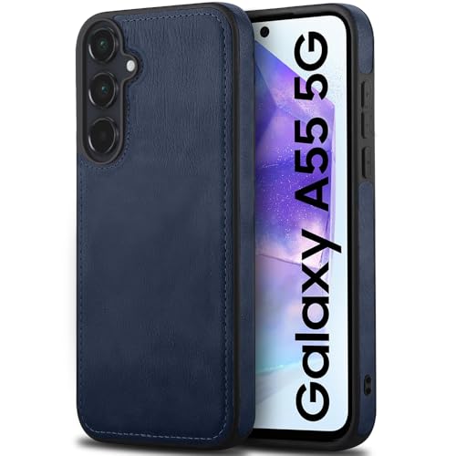 Image of TheGiftKart Genuine Leather Finish Back Cover Case for Samsung Galaxy A55 5G | Shockproof Design | Raised Edges for Camera & Screen Protection | Stunning Minimalist Case Cover for Samsung A55 (Blue)