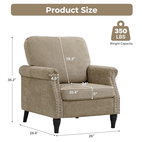 Image of Accent Chair for Living Room, Modern Mid Century Reading Chair Armchair High Back Upholstered Armchair with Wooden Legs for Living Room Bedroom Office (Brown, 1pcs)