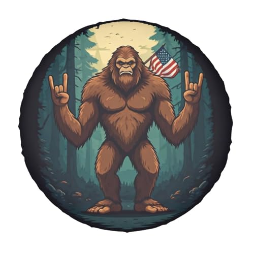 Image of Funny Bigfoot American Flag Spare Tire Cover with Unique Print, Weatherproof Wheel Covers Tire Protector, Universal Fit for Rv, Trailer, SUV, Camper Vehicle