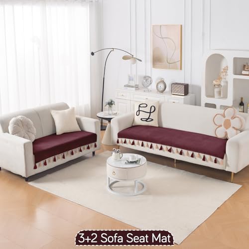 Image of HOKIPO 5 Seater Sofa Cover Mat with Tassel in 3+2 Configuration | Dyed Holland Velvet Fabric | 'TasselTone Series' | Wine Red (IN-1108+1106-MRN)