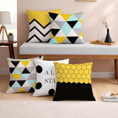 STITCHNEST Yellow & Black Geometrical Printed Poly Cotton Cushion Covers, Set of 5 (18 x 18 Inches)