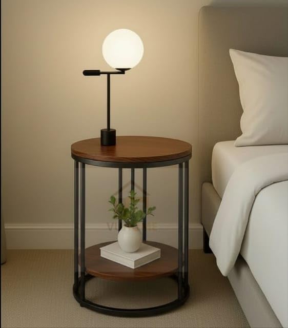 Image of 2 Tier Round Coffee Table with Brown MDF Wood Top, Gold Metal Frame & Storage Shelf |Table for Living Room, Bedroom, Balcony & Office | Modern Compact Accent Furniture for Home Decor