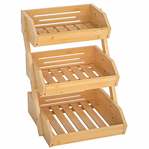 CALM COZY Support de Corbeille à Fruits en Bambou à 3 étages, Support à Panier de Fruits Rangement pour Les légumes pour Plan de Travail de Cuisine pour Fruits, Légumes, Pain, collation