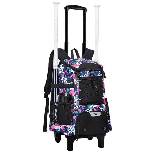KAVIGOR 2-in-1 Rolling Baseball & Softball Bag Detachable Backpack Roll or Carry Dual-Pole Anti-Tip 3.5 Wheels No Tools Setup