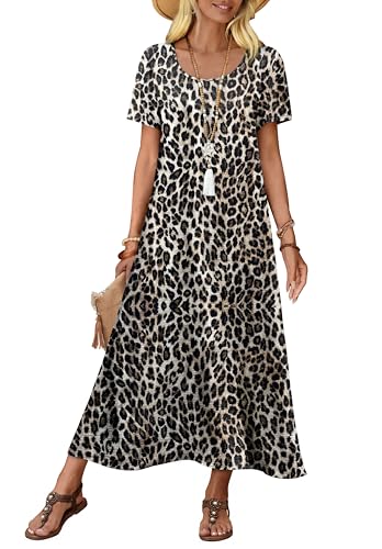 OFEEFAN Womens Maxi Dresses Flowy Casual Long Dress Short Sleeve Summer Beach Vacation Lightweight Sundresse with Pocket