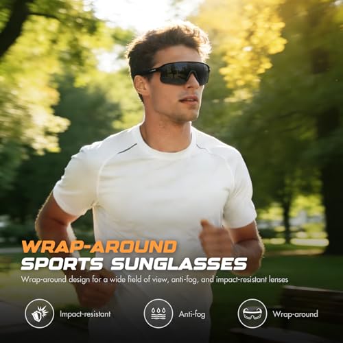 Image of BangLong Sports Sunglasses, UV400 Cycling Glasses for Men Women | Large wraparound PC lens, flexible TR90 frame and non-slip nose pads for cycling, running, baseball and outdoor sports