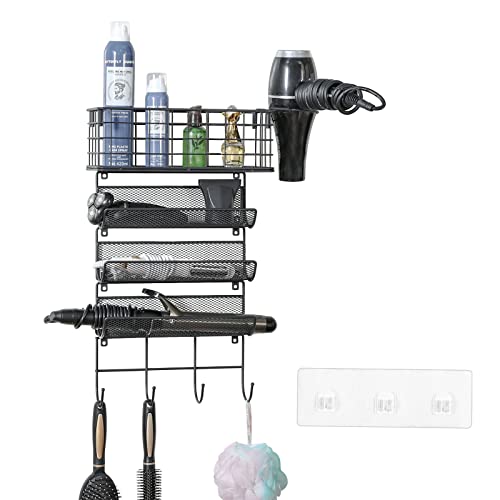 Wall-Mounted Hair Dryer Holder Styling Tool Organizer 4-Shelf Storage Wire Basket with Hook Heat Safe Rack for Hair Straighteners,Curling Wands,Flat Iron,Perfume,Cabinet Door Bathroom Kitchen