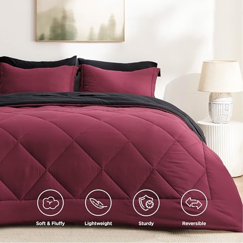Image of Bedsure Queen Comforter Set - 7 Pieces Reversible Red and Black Bedding, Queen Size Bed Set for All Seasons, Bed in a Bag with Down Alternative Comforter, Sheets, Pillowcases & Shams