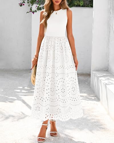 Image of dowerme Women Summer Dresses 2026 Casual Sleeveless Crewneck A-Line Boho Lace Eyelet Cotton Tank Maxi Dress with Pockets