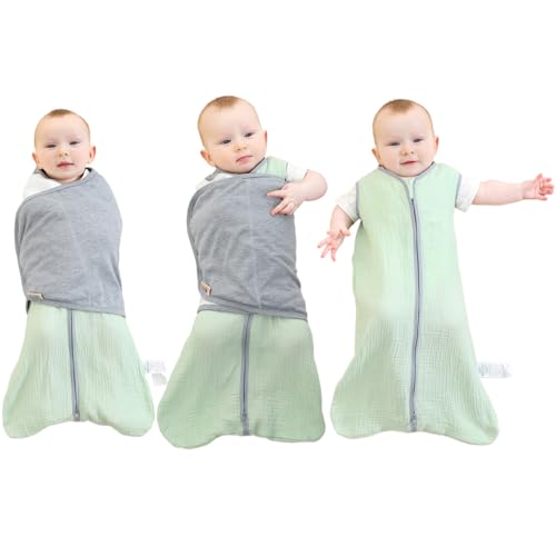 Image of BlueSnail Super Soft Muslin Baby Sleep Sack with Removable Swaddle,2-in-1 Transition Swaddle 0-3 Months, 2-Way Zipper for Easy Diaper Changes (Light Green)