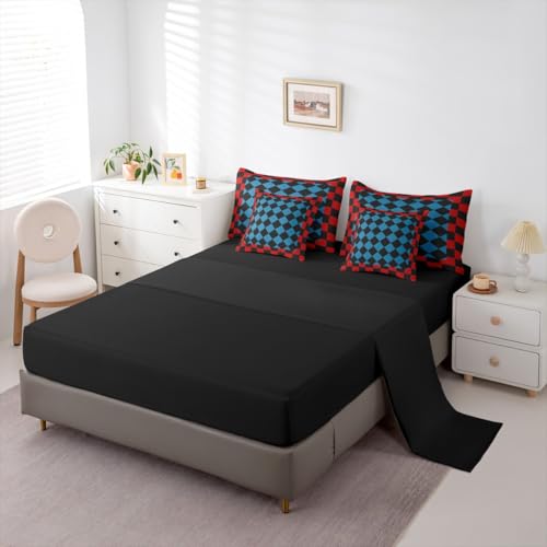 Image of Feelyou Checkered Retro Twin Comforter Set with Sheets for Kids Boys Girls Red Blue Black Plaid 7 Pieces Bedding Set Geometric Vintage Bed in a Bag Modern Simple Groovy Aesthetic Room Decor Soft