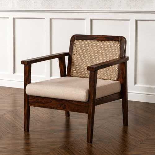 Image of LSGF Mangz Wooden Lounge Chair with Rattan Cane Back | Solid Wood Accent Chair with Cushion | Mid Century Modern Armchair for Living Room, Bedroom & Office (Dark Walnut)