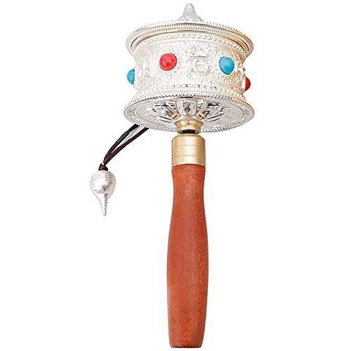 Hand-Cranked Prayer Wheel Mini Six-Character Mantra Avalokitesvara Scripture-Turned Prayer Wheel Decoration Pure Copper Buddha with Tibetan Tibetan Supplies,Silver (Silver)