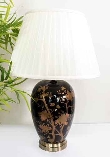DOWNTON INTERIORS Large Black Chinese Oriental Ceramic Porcelain Table Lamp Gold Floral Pattern Overall Height 62cm (G2105) (Cream Pleated Shade)