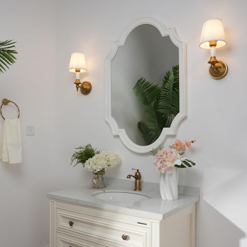 Image of Phansthy Hardwired Wall Sconces Set of 2, Modern Bathroom Vanity Sconces Wall Lighting with Fabric Shade Antique Gold Wall Lamps (White Shade, Hardwired (2 Pack))