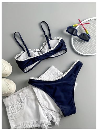 GORGLITTER Women's Bow Lace Trim Bikini Set Ruched High Cut Thong Swimsuit Bathing Suit Beach Fashion2