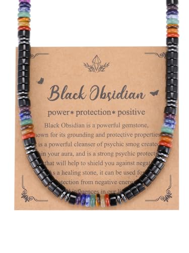 Top Plaza Black Obsidian Crystal Stone Beaded Necklace for Men Natural Gemstone Beads Necklace Handmade Chakra Balance Mens Necklace Protection Amulet Jewelry Gifts