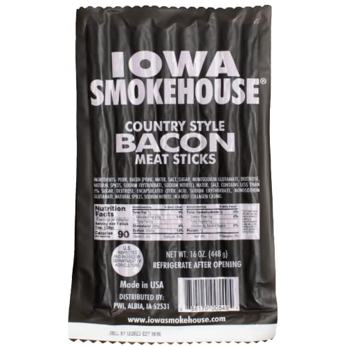 IOWA SMOKEHOUSE Country Style Meat Sticks, Bacon - Delicious Meat Snack - Vacuum Sealed & Ready to Eat Sticks - 7g of Protein, Made with all USA Pork - 16 Oz (16 sticks per pack)