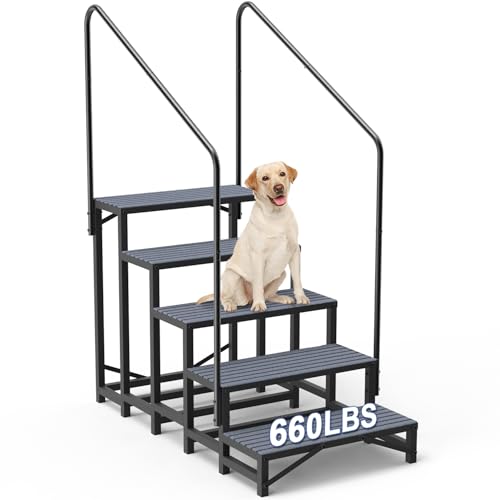 FEHOKINCH 5-Step RV Steps with Dual Handrails Heavy-Duty Mobile Home Steps 660 lbs Load Capacity RV Stairs for Camper Hot Tub Trailer & Porch with Non-Slip Mats