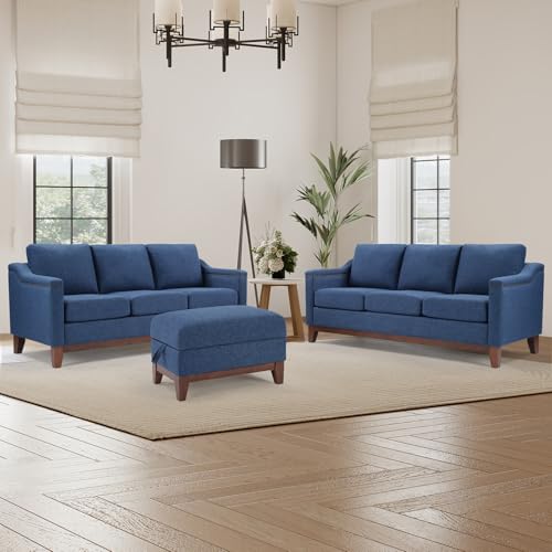 Image of 3 Piece Chenille Sofa Set with Nailhead Trim, Included 3-Seater Couches Set of 2 with Thicked Cushion and Upholstered Storage Ottoman with Flip-Top Table, Living Room Furniture Set,Blue