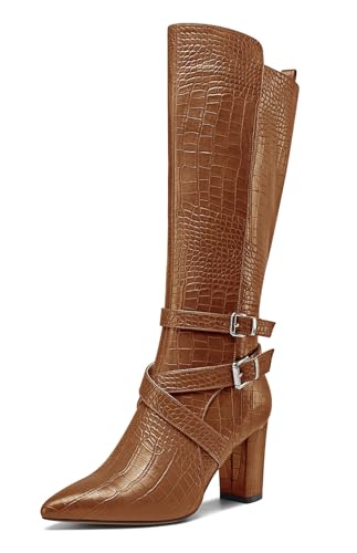 HEUIVZAR Womens Chunky Block Heel Pointed Toe Knee High Boots Dress Casual Zipper Buckle Mid Calf Boots 3.2 Inches Heels