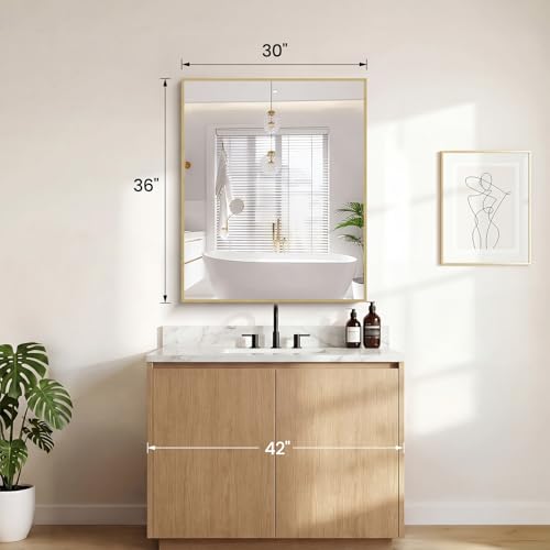 Image of Sweetcrispy Bathroom Mirror for Over Sink, 30 inch x 36 inch Rectangle Wall Mount Mirrors with Metal Frame, Modern Vanity Mirror with Tempered Glass, for Home Decor, Anti-Rust, Gold