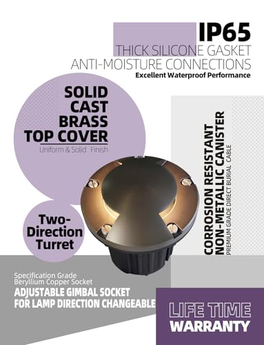 MALORY Brass Top Cover Landscape Well Lights,(5\'\'H) 12V Low Voltage Outdoor In Ground Lights,Landscape Lighting for Pathway, Driveway and Garden (Two-Direction Turret, 1-Pack with Bulb)
