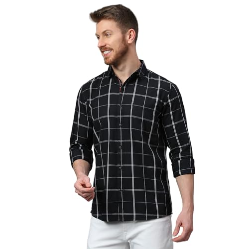 Image of Klub Fox Mens Checked Slim Fit Cotton Casual Shirts with Spread Collar & Long Sleeves