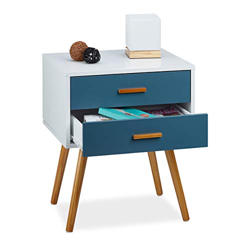 Relaxdays 2X Commodes rétro Style Design Nordique 2 tiroirs Armoire Blanc Turquoise HxlxP 58x41x48 cm, laqué Mat Blanc Turquoise