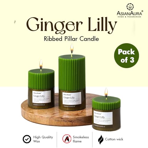 Image of ASIAN AURA Ribbed Pillar Candles - Pack of 3 | Scented Candles for Home Decor, Gifting & Festive Use | Long Burn time up to 36hrs | Clean-Burning Wax & Smokeless Flame (Ginger Lilly)