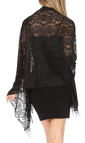 Sakkas Mari Women's Large Lightweight Soft Lace Scarf Wrap Shawl Floral and Fringe2