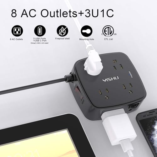 Image of YISHU Power Strip, Surge Protector with 6 Outlets and 6 Feet Extension Cord for Home, Office, Dorm Essentials, 1680 Joules, ETL Listed, Black
