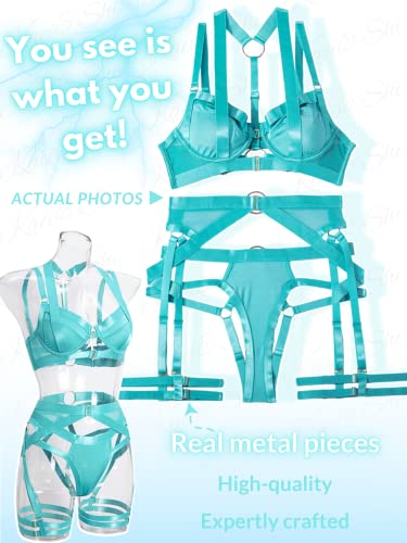 Kaei&Shi Strappy Harness, All Adjustable, Underwire Racerback, 4pc Garter Set