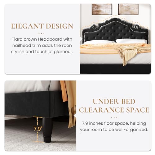 image for SHA CERLIN King Size Platfrom Bed Frame with Adjustable Headboard/Velv