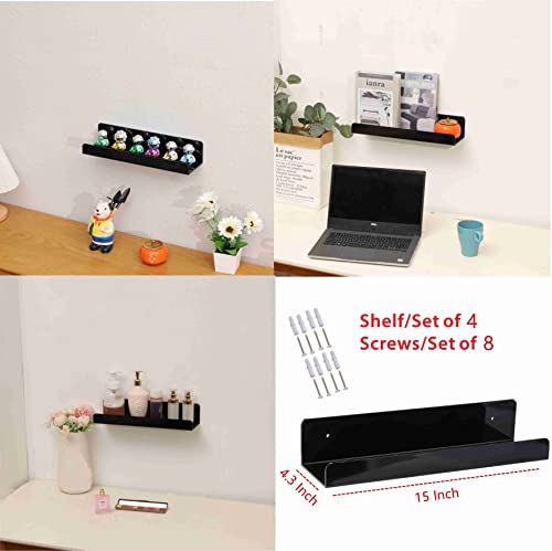 Cq Acrylic 15" Invisible Acrylic Floating Wall Ledge Shelf, Wall Mounted Nursery Kids Bookshelf, Invisible Spice Rack,Black 5Mm Thick Bathroom Storage Shelves Display Organizer, 15" L,Set Of 4 #TOP1