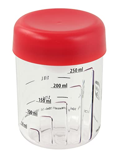 Foto von Dr. Oetker Mix- und Messbecher mit Eitrenner Ø 8 cm, 3-tlg. Becher zum Messen und Mixen von Zutaten, Funktionsteil zum Trennen von Eigelb und -weiß, (Farbe: transparent/rot), Menge: 1 Stück
