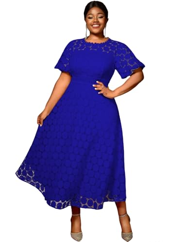 AOMEI Women's Water-Soluble Lace Short Puff Sleeve High Waist A-Line Elegant Long Dress Cocktail Wedding