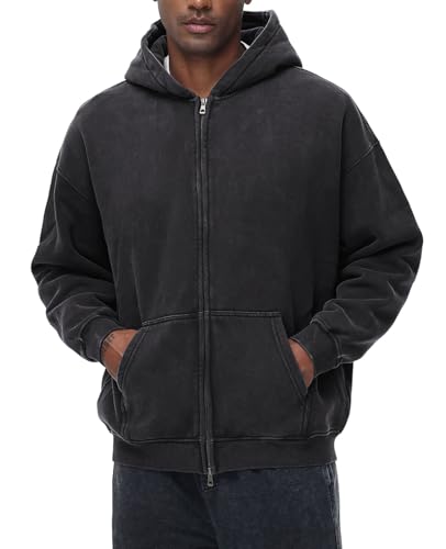 Mens Zip Up Hoodie Oversized Long Sleeve Sweatshirts Acid Wash Vintage Y2K Fall Hooded Fleece Jacket with Pockets