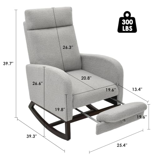 Image of Teddy Nursery Rocking Chair, High Back Glider with Footrest, Gray | Teddy Rocking Chair Nursery with Footrest Storage Pocket Upholstered Accent Arm Chair for Living Room Bedroom Indoor