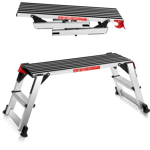 ERGOMASTER Work Platform Bench Aluminum Drywall Safe CE Approved of Capacity 330 LBS Heavy Duty Portable Bench Folding Ladders with Non Skid Rubber Platform ï¼ˆUpgrade Versionï¼‰